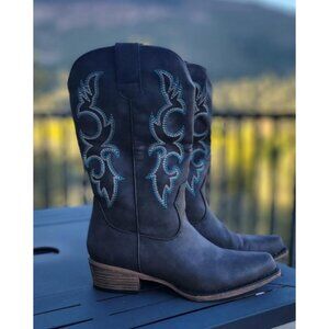 🆕Women Dark BrownFaux Leather Snip Toe Chunky Heel Embroidered Western Boot